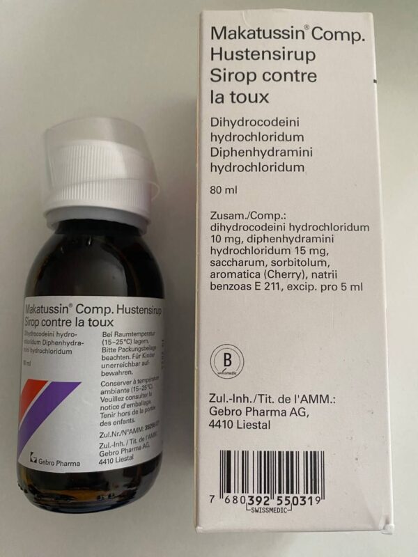 Bottle of Makatussin Syrup 80ml with label showing cough relief for dry, tickly coughs.