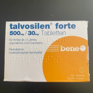 Box and blister pack of TALVOSILEN 500mg/30mg tablets, a combination medication for pain relief and stomach protection, containing 100 tablets.