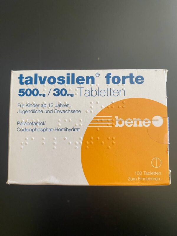 Box and blister pack of TALVOSILEN 500mg/30mg tablets, a combination medication for pain relief and stomach protection, containing 100 tablets.