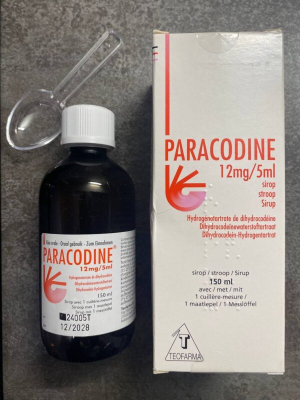 Bottle and packaging of Paracodine 12mg/5ml Cough Syrup, a codeine-based medication for dry and persistent cough relief.