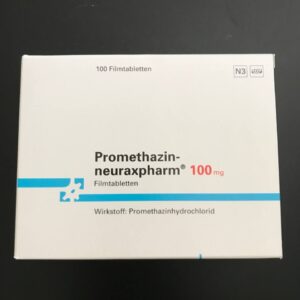 Box and blister pack of PROMETH NEURAX 100mg tablets containing promethazine for allergy and nausea relief.