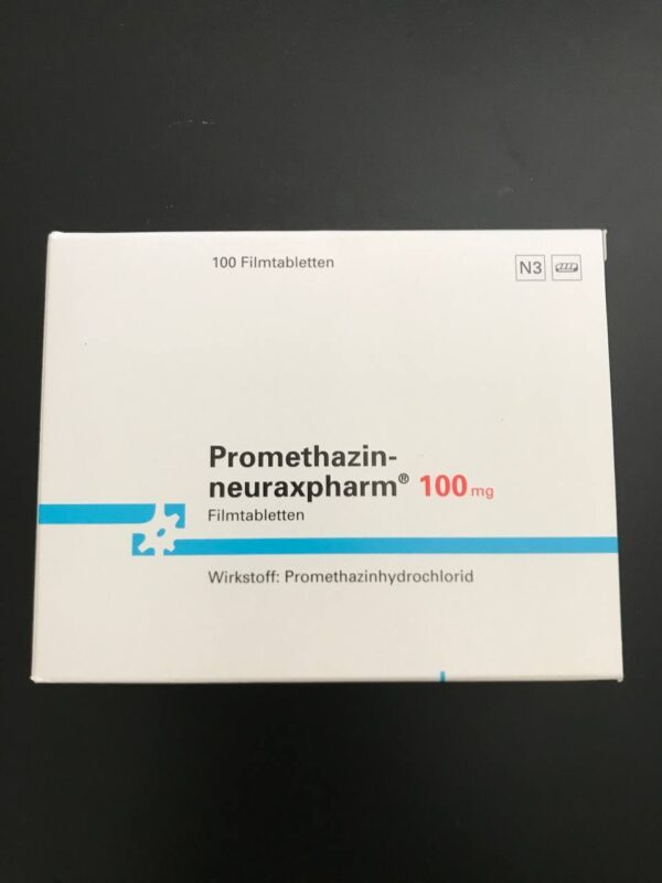 Box and blister pack of PROMETH NEURAX 100mg tablets containing promethazine for allergy and nausea relief.
