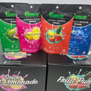 LIME 🍋‍🟩 Live Resin Gummies in resealable pouch with citrus-themed design, showing vegan, lab-tested cannabis edibles.