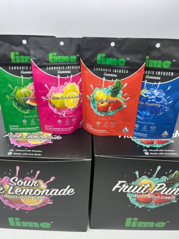 LIME 🍋‍🟩 Live Resin Gummies in resealable pouch with citrus-themed design, showing vegan, lab-tested cannabis edibles.