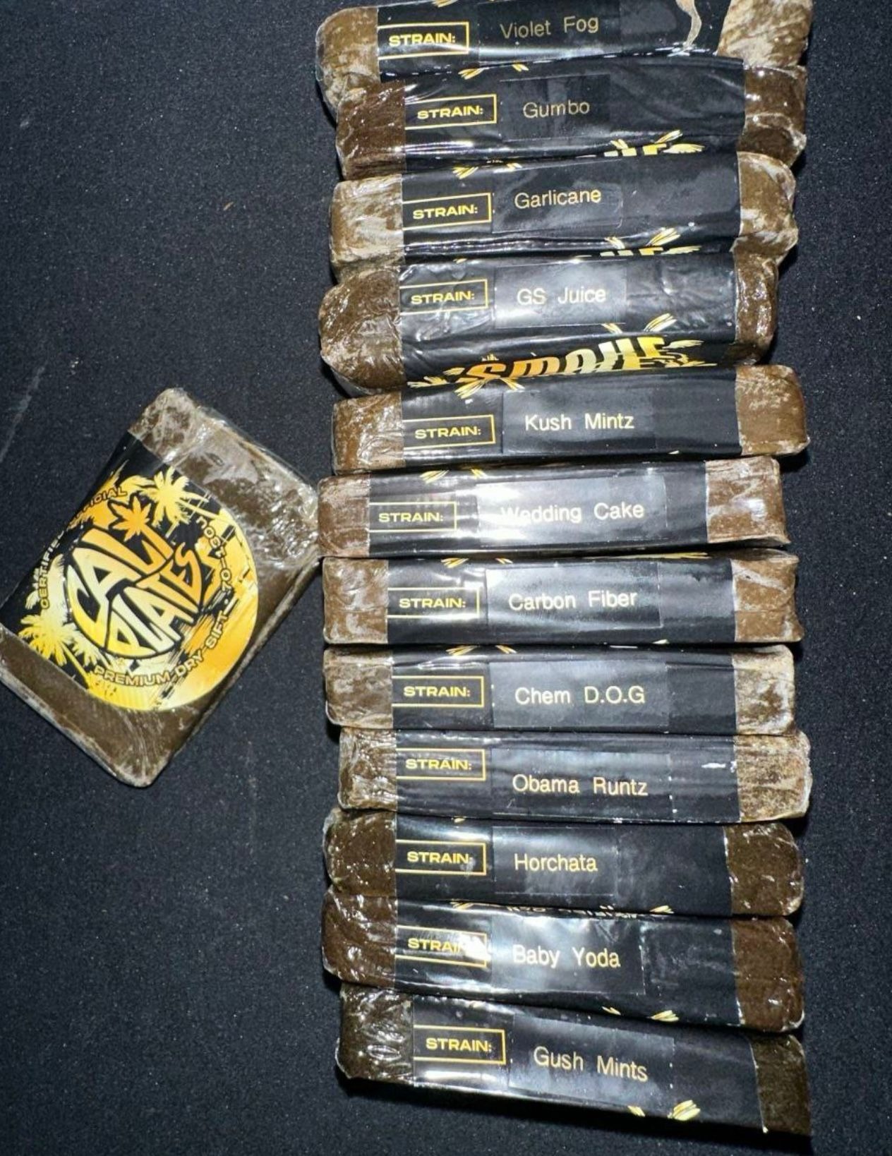 cm9i8dvdf000104ldhbf73135 Premium Cali Plates Hash concentrate in clear packaging, made with solventless dry sift extraction for clean, potent cannabis flavor and effects.